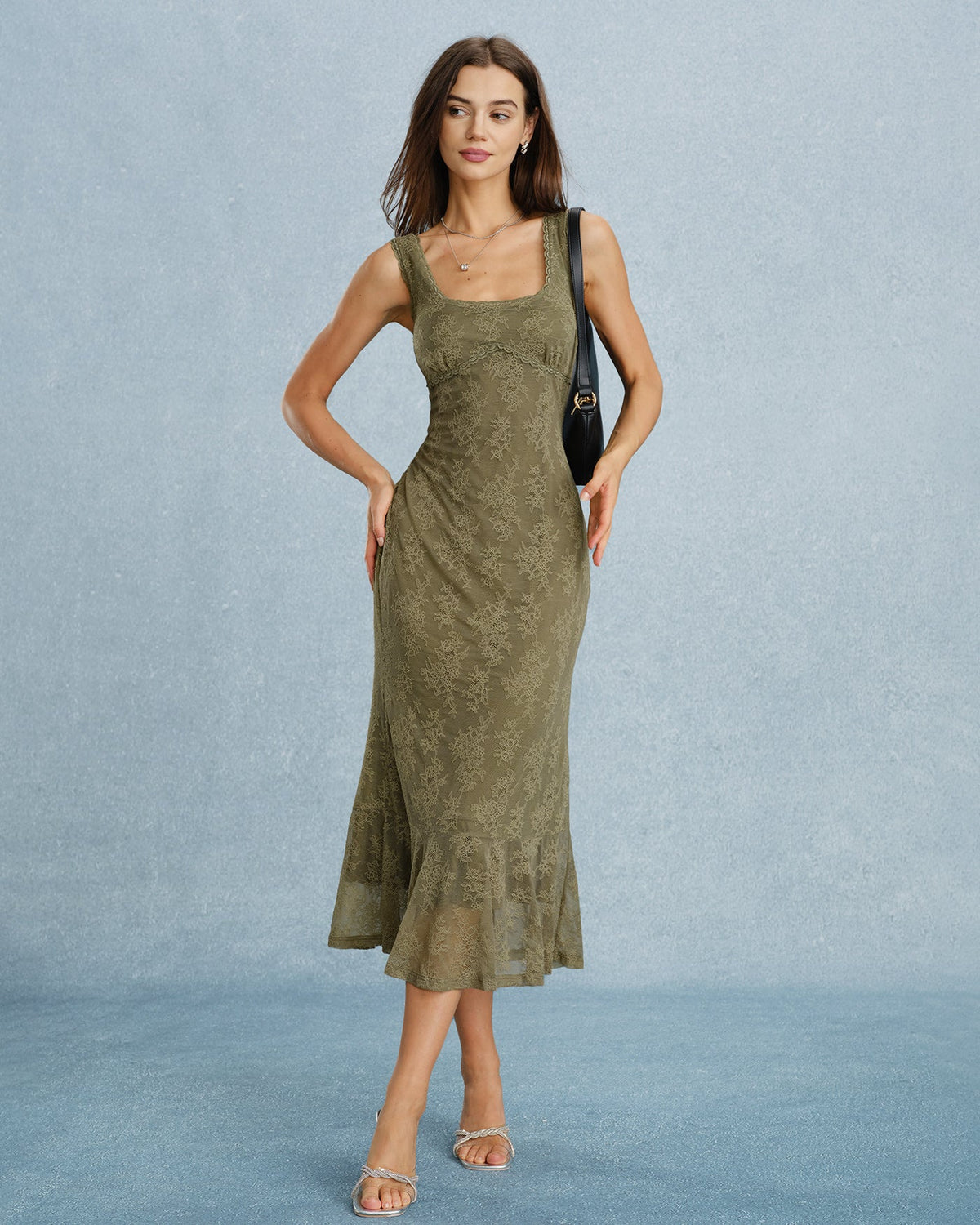 Vestido elegante verde de encaje floral