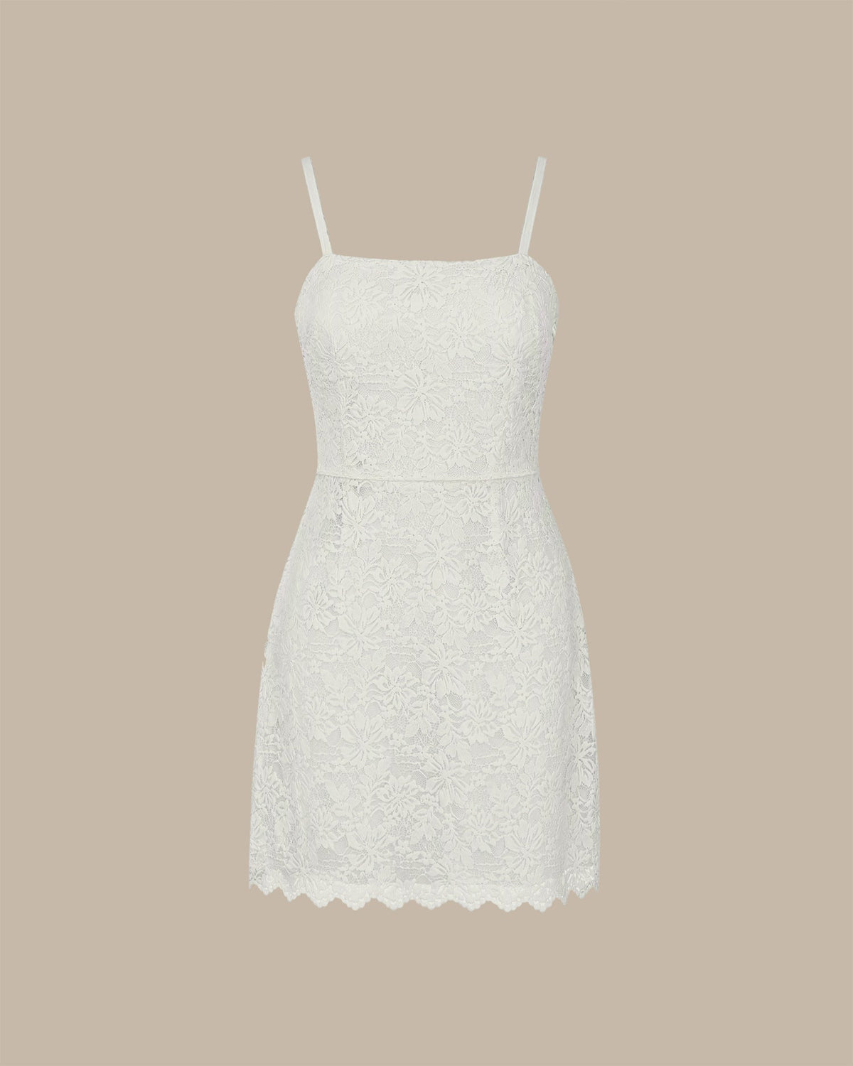Elegante vestido mini lencero beige de encaje floral