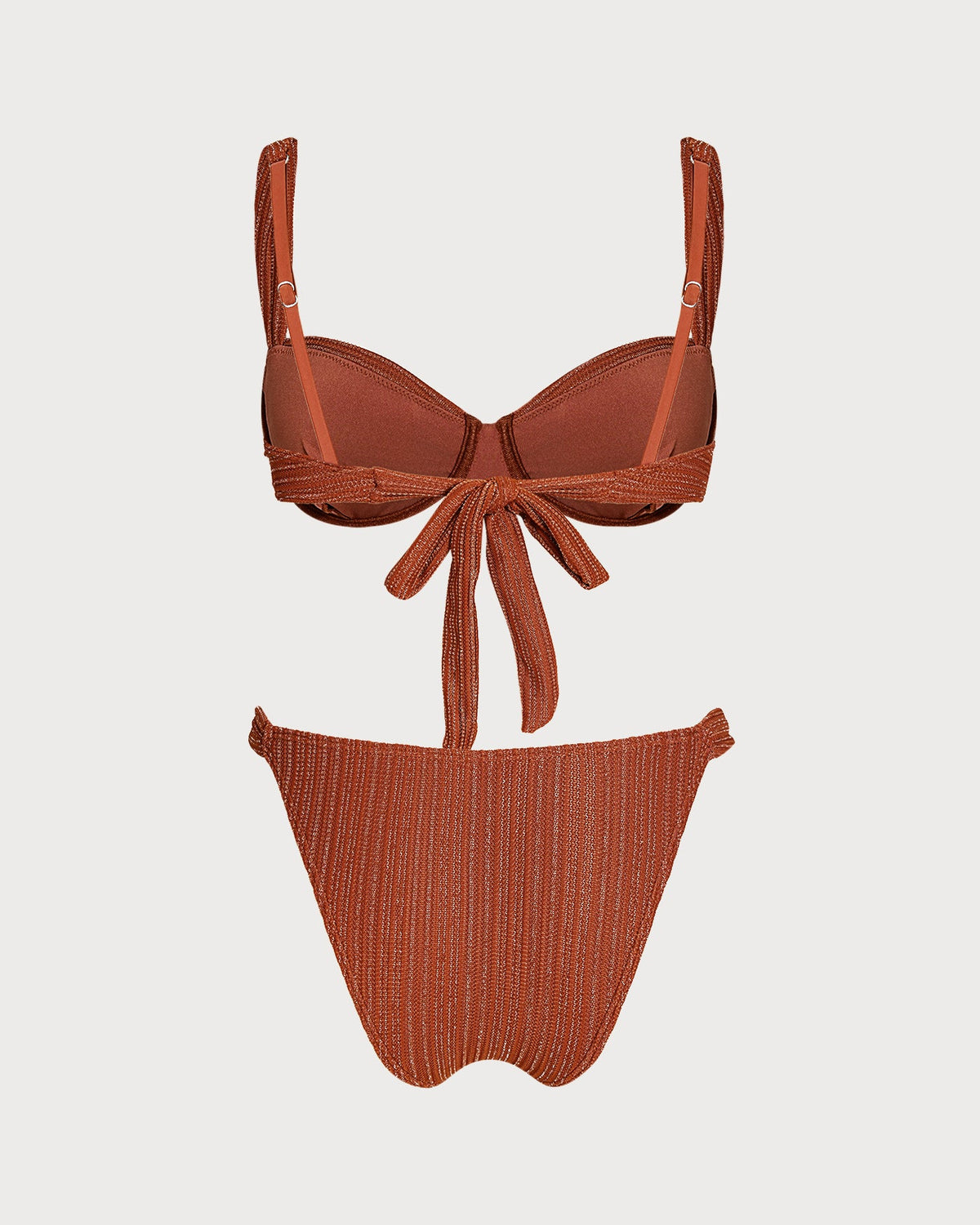 Glamuroso conjunto de bikini rojo ladrillo con lentejuelas y aros