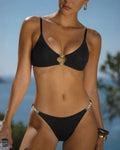 Conjunto de bikini negro texturizado de cintura alta