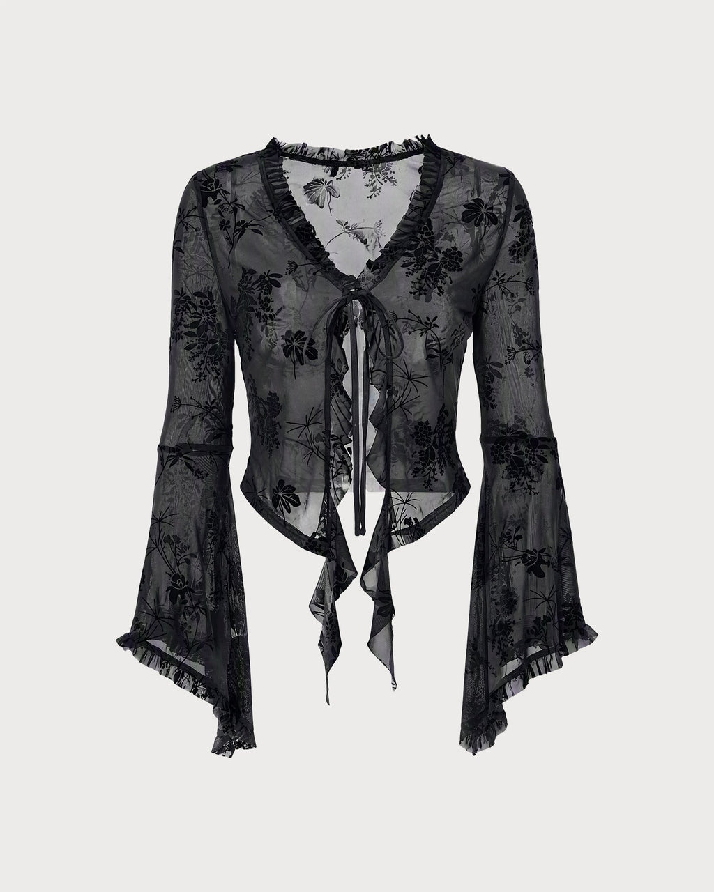 Blusa floral negra elegante con detalles de volantes y mangas acampanadas