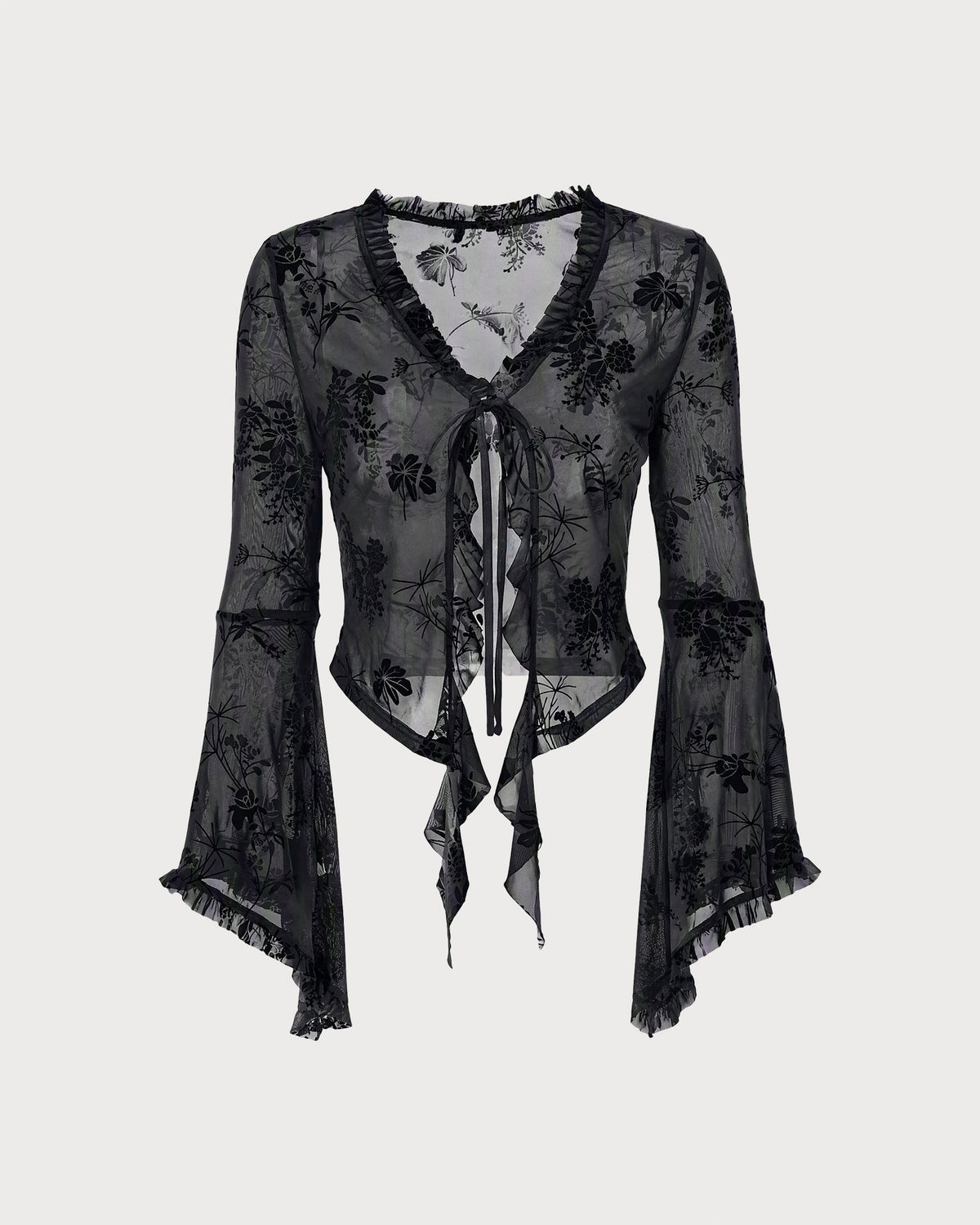 Blusa floral negra elegante con detalles de volantes y mangas acampanadas