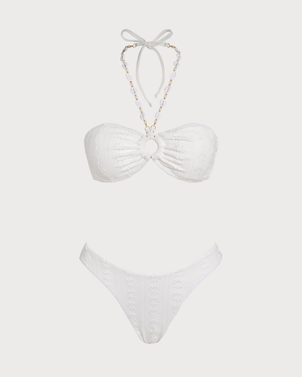 Elegante conjunto de bikini blanco de jacquard con top halter bandeau