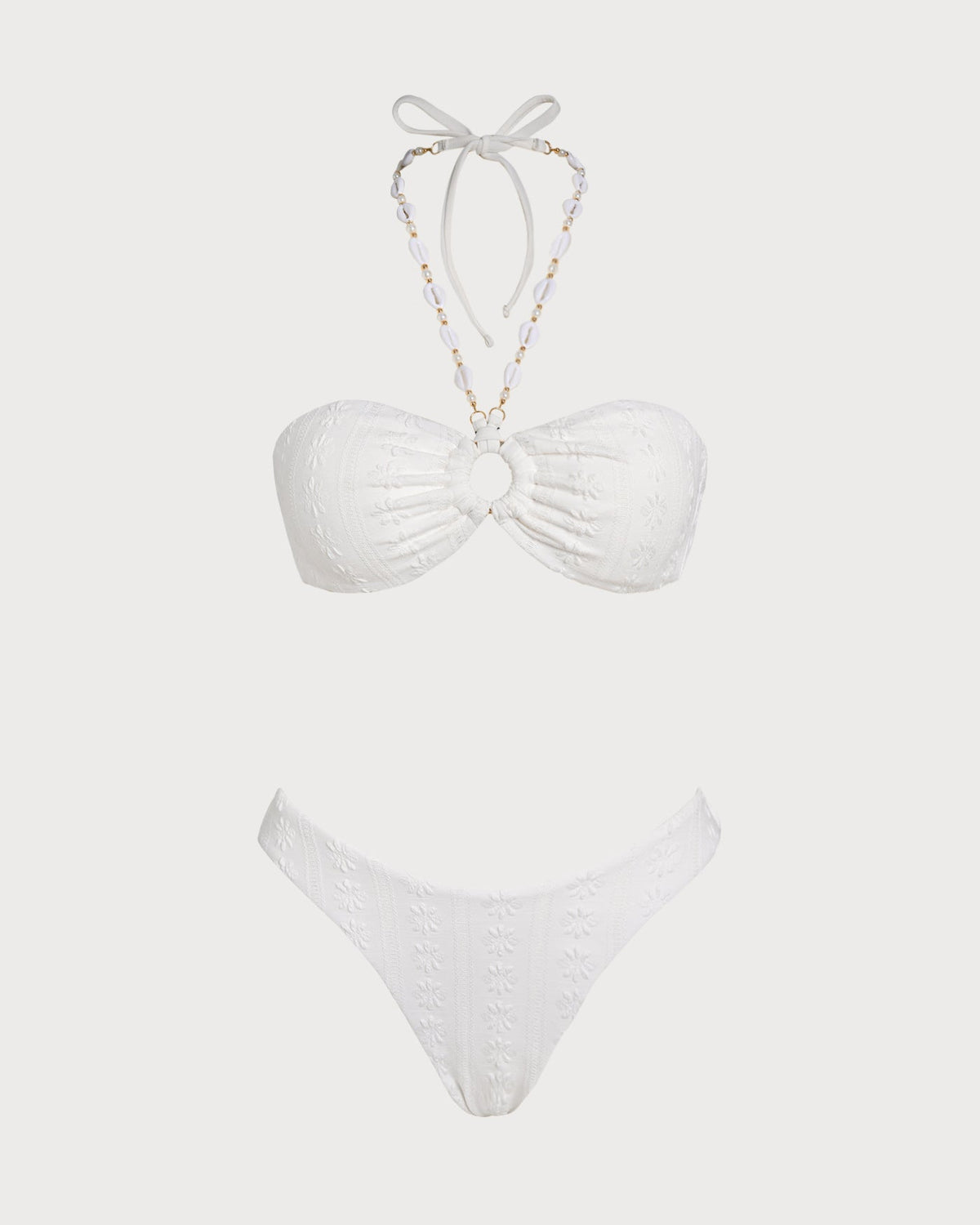 Elegante conjunto de bikini blanco de jacquard con top halter bandeau