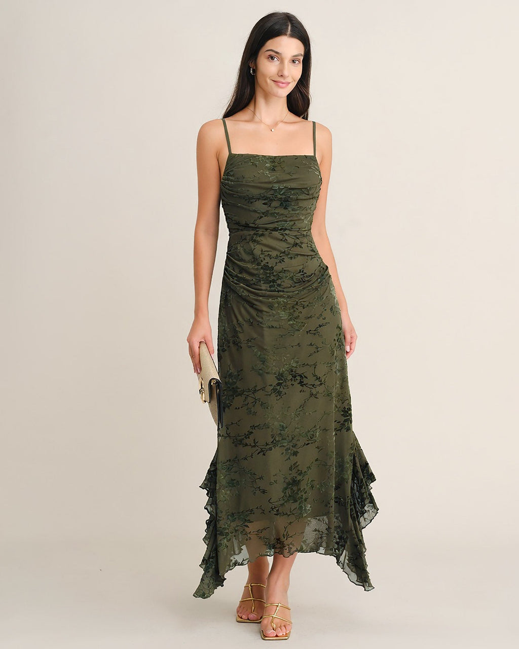 Vestido de malla verde con estampado floral