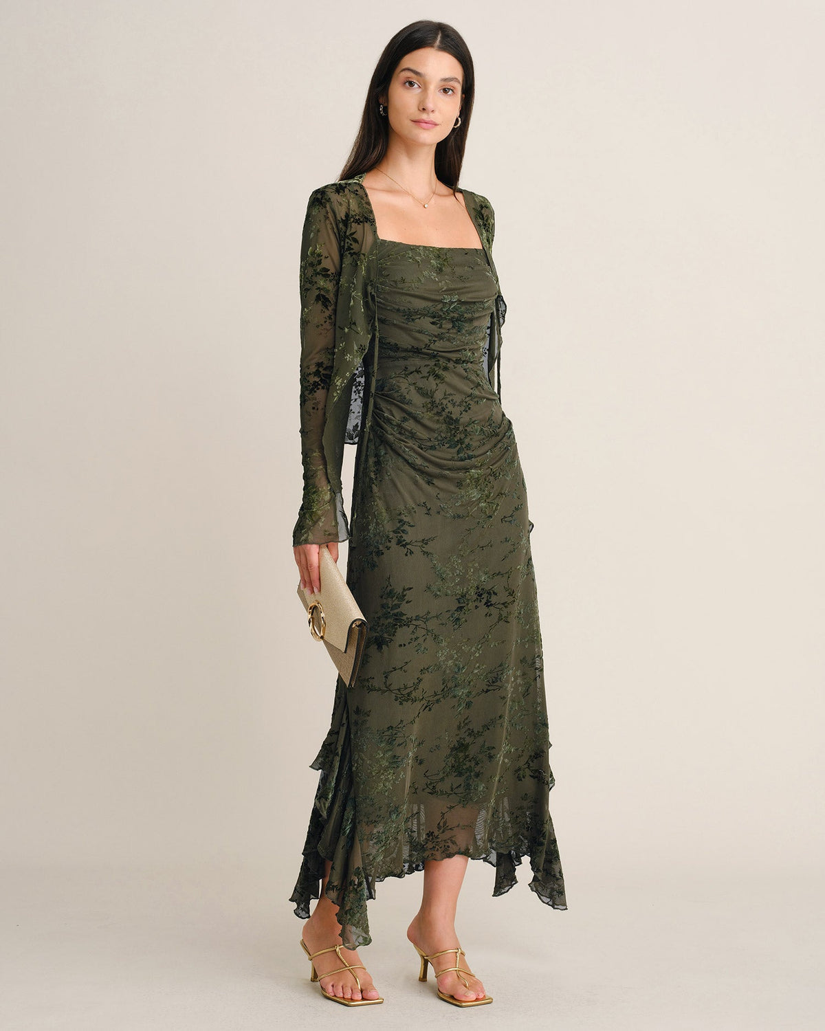 Vestido de malla verde con estampado floral