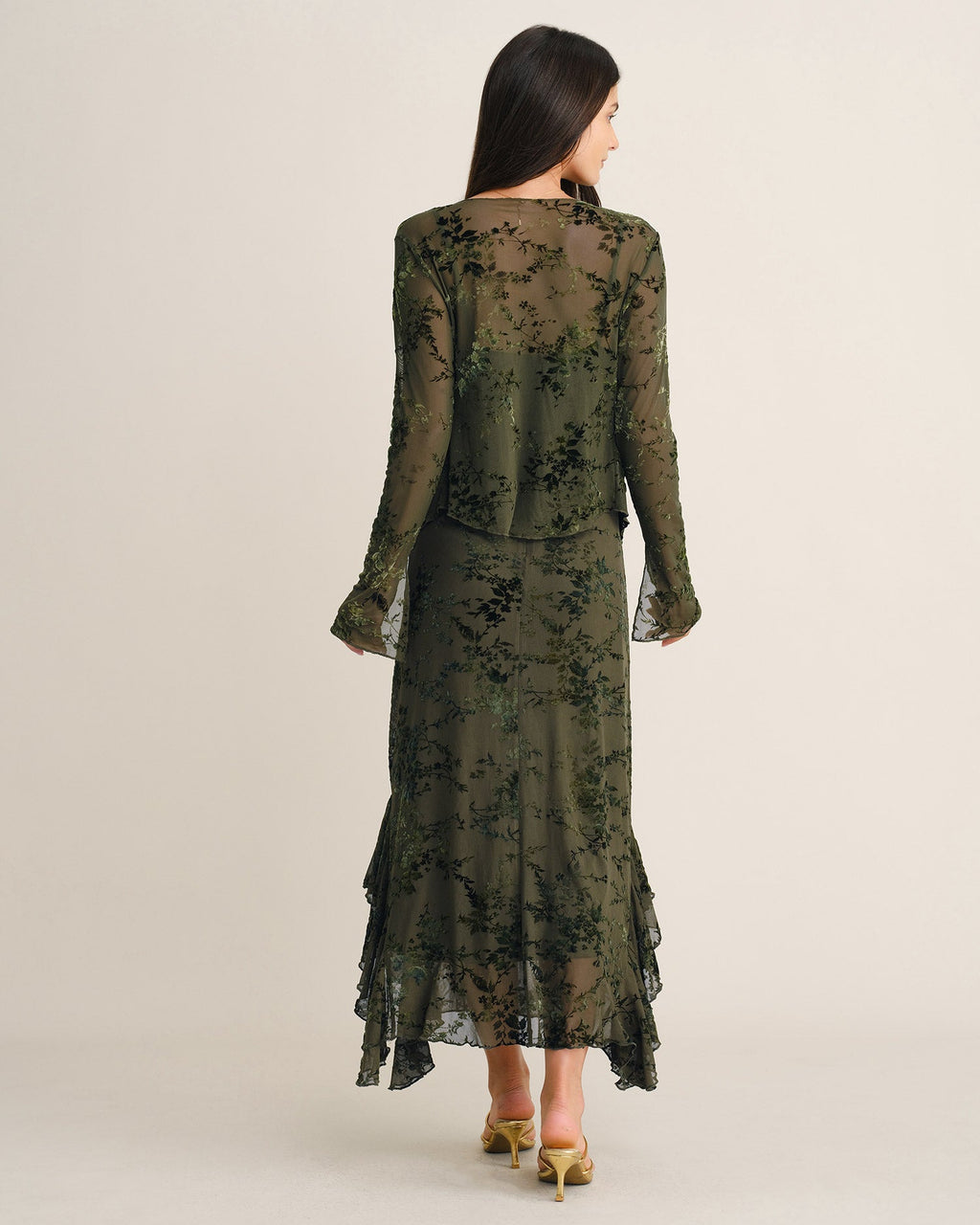 Vestido de malla verde con estampado floral