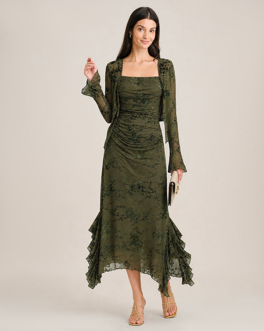 Vestido de malla verde con estampado floral