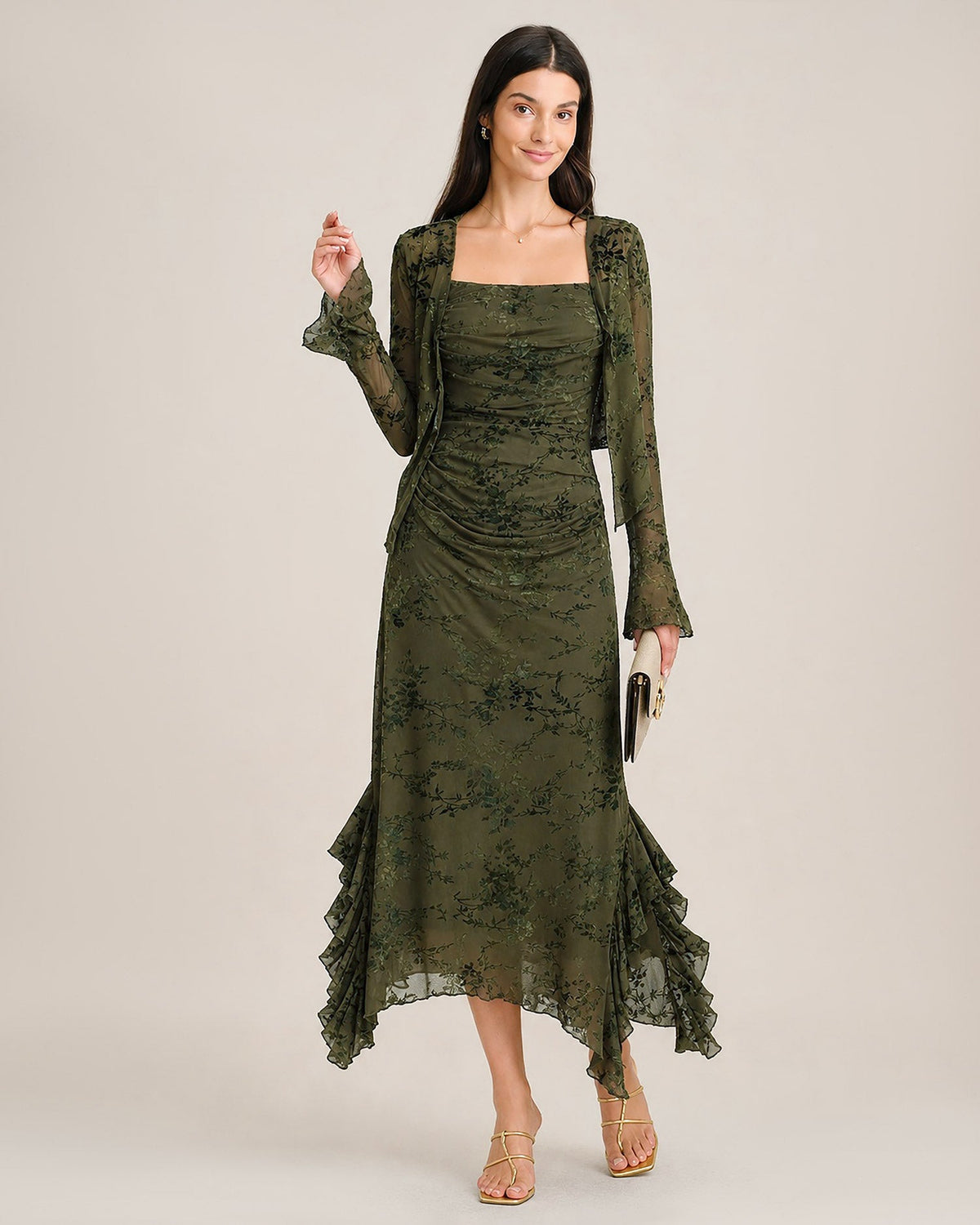 Vestido de malla verde con estampado floral