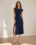 Vestido azul marino con espalda descubierta