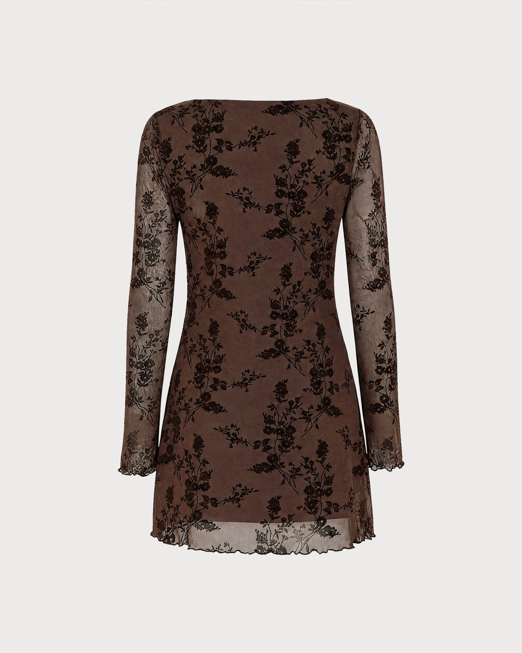 Vestido mini de malla floral color café con escote barco