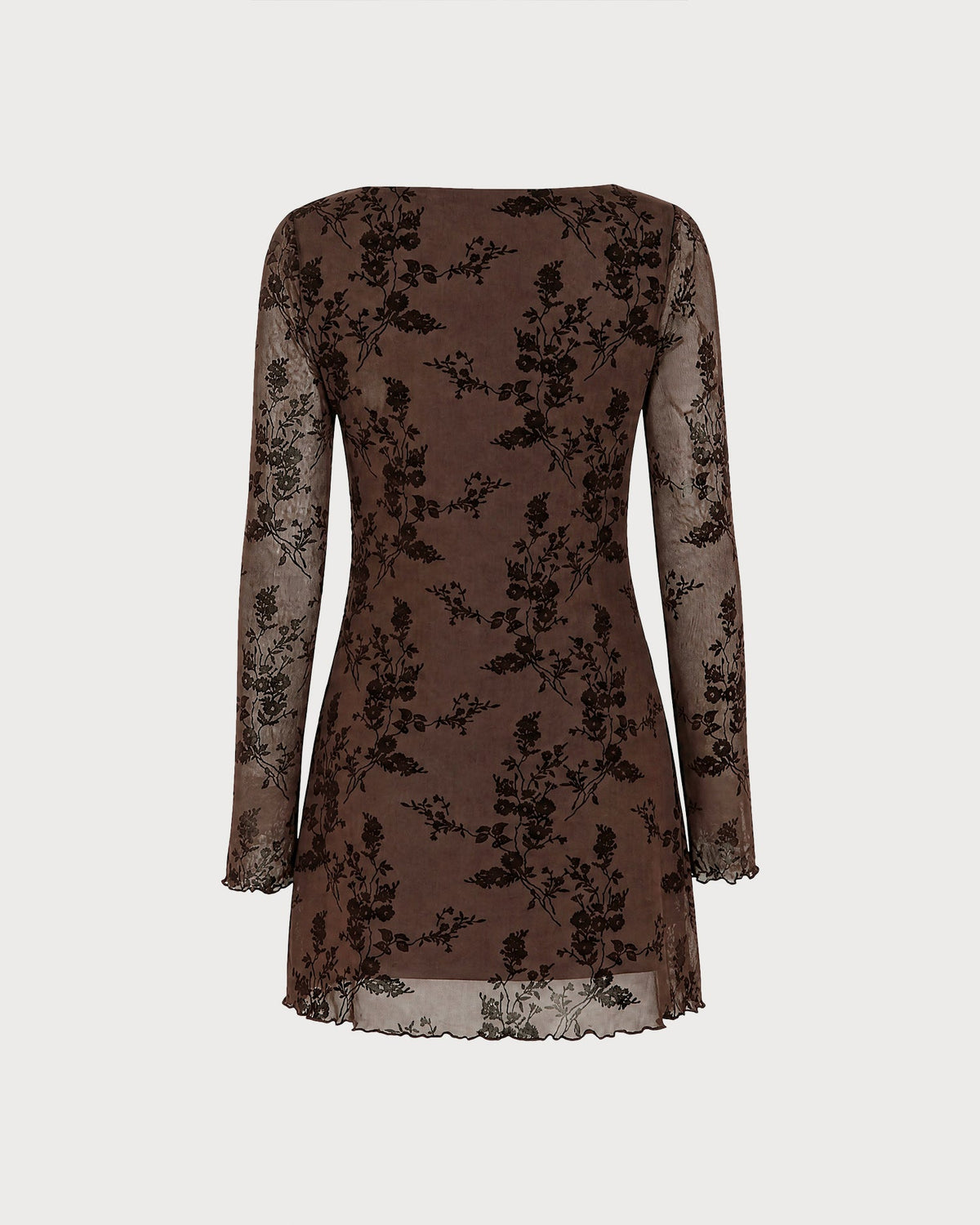 Vestido mini de malla floral color café con escote barco