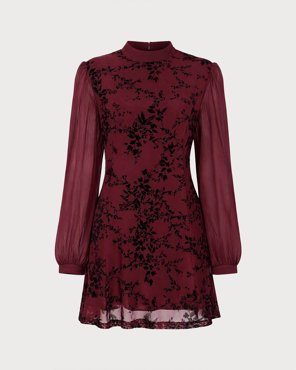 Vestido mini floral de cuello alto color rojo vino