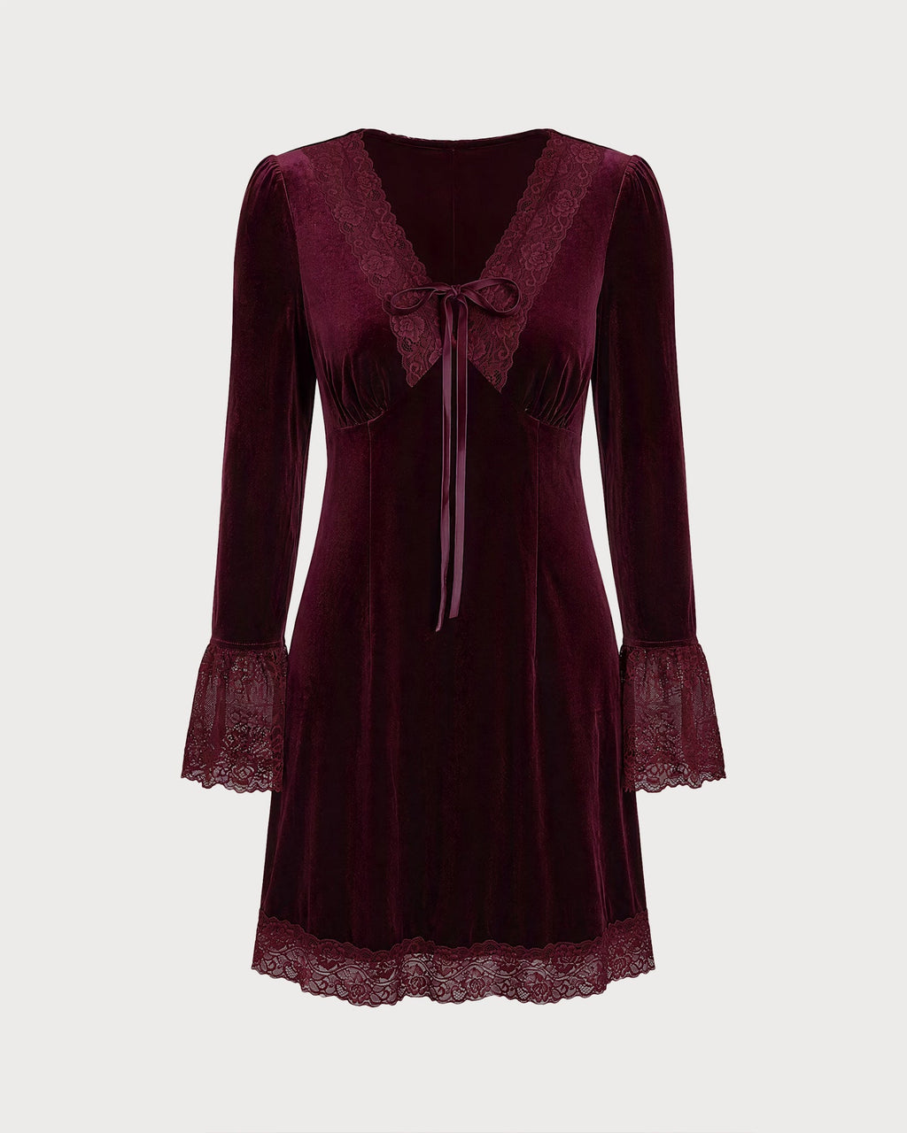 Vestido mini de terciopelo color vino con escote en V y encaje