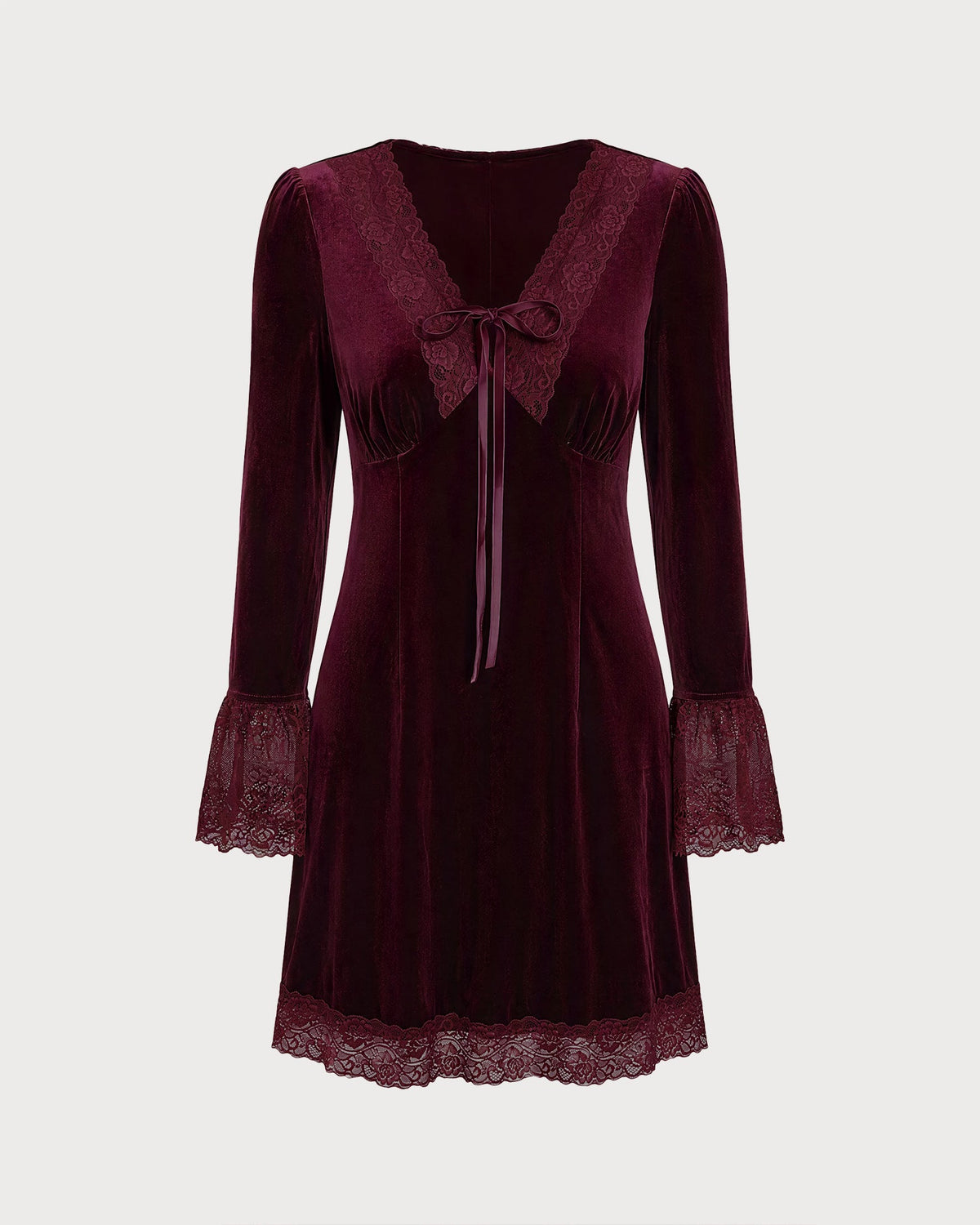 Vestido mini de terciopelo color vino con escote en V y encaje