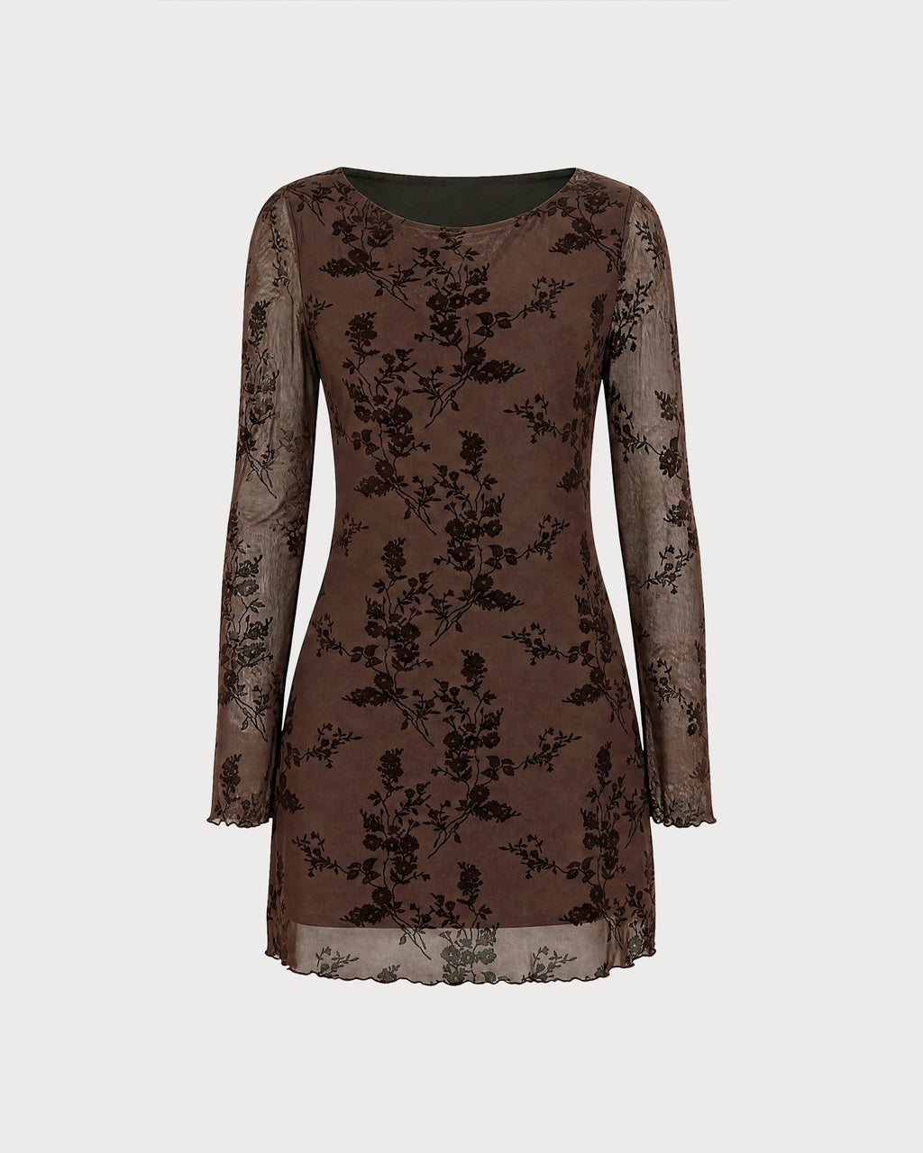 Vestido mini de malla floral color café con escote barco