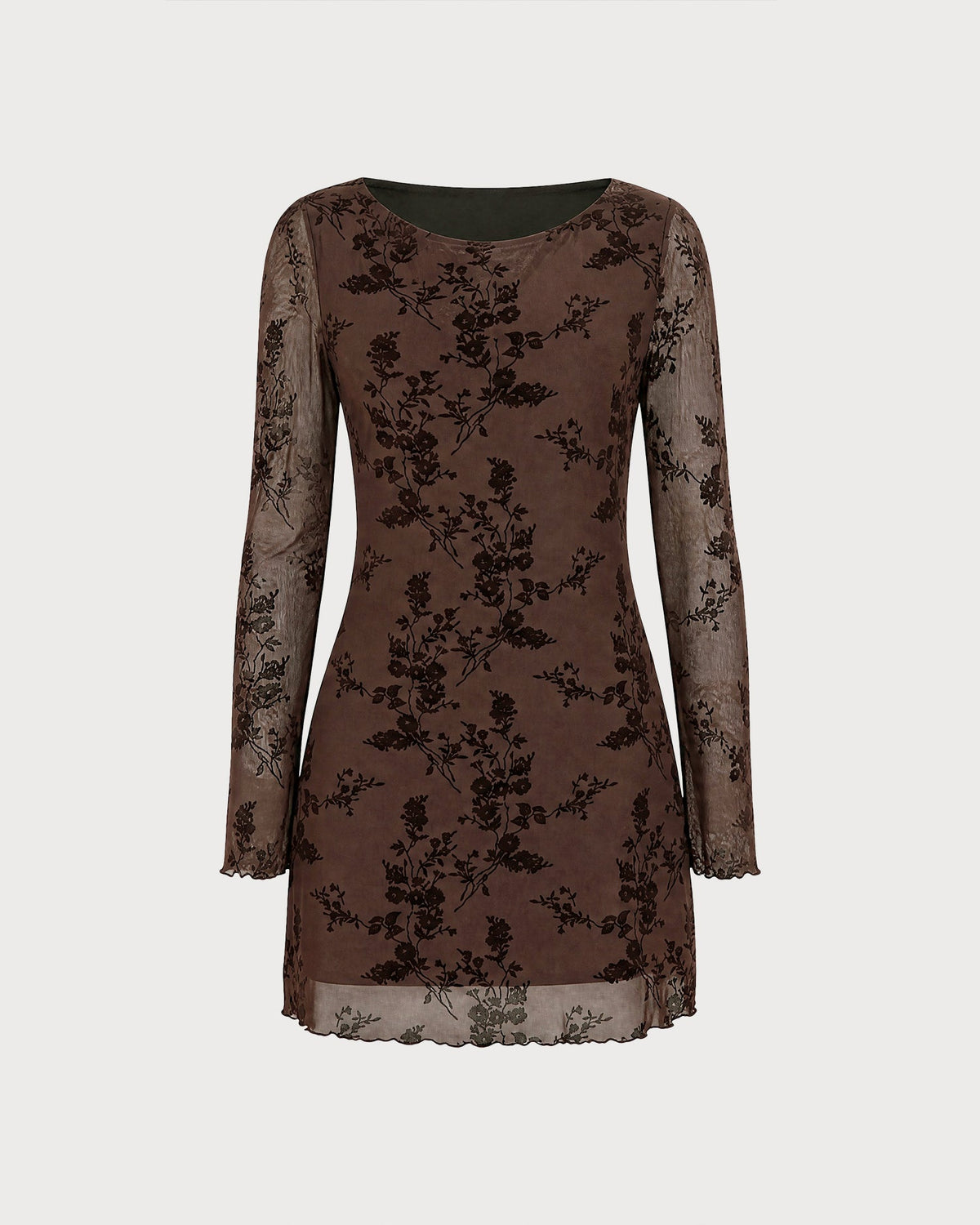 Vestido mini de malla floral color café con escote barco