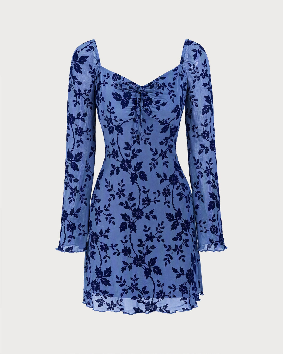 Vestido mini de malla floral con escote en V en azul elegante