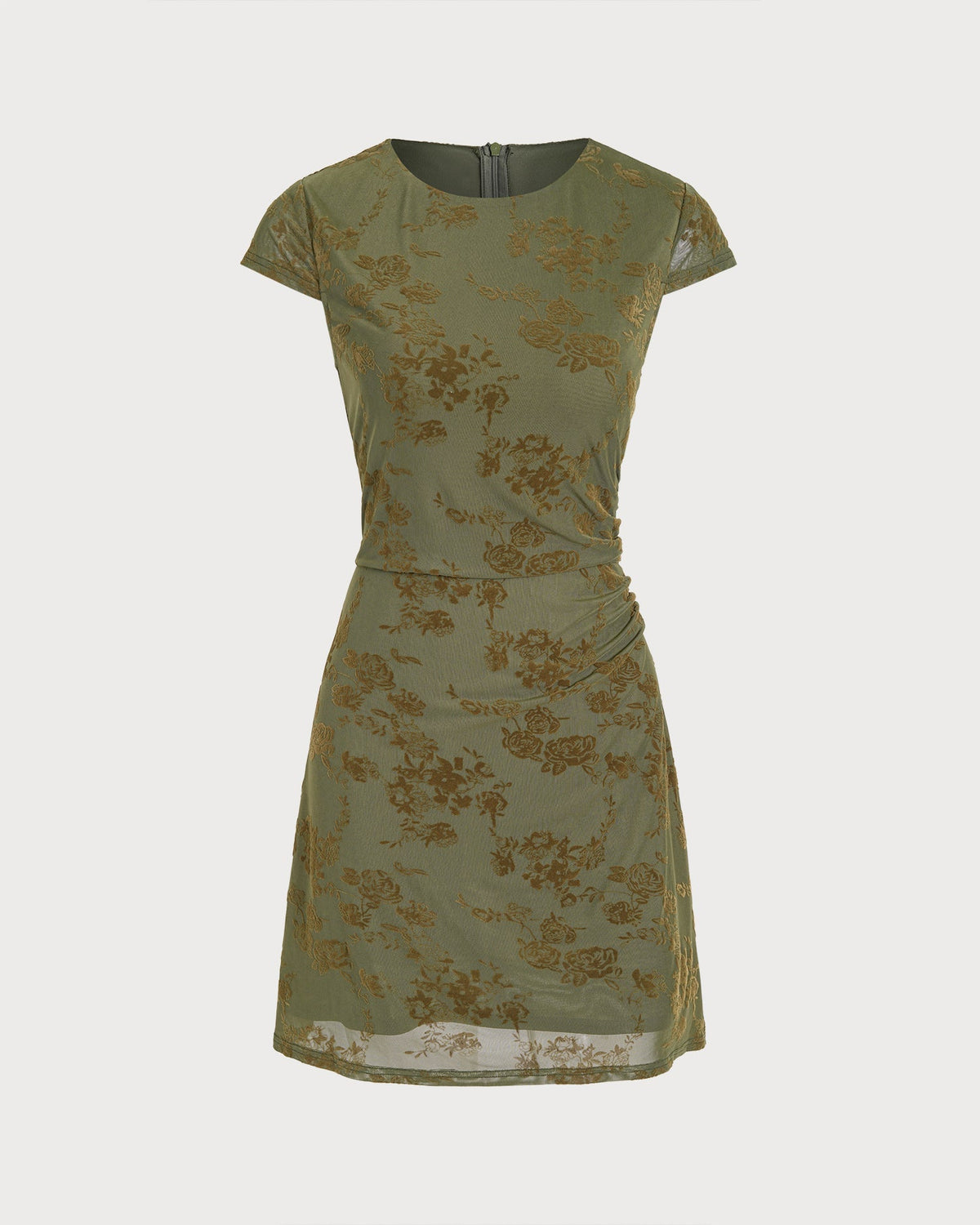 Vestido mini coqueto de malla verde con estampado floral y fruncido