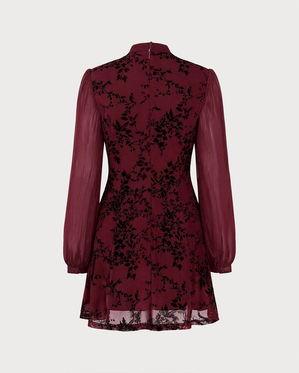 Vestido mini floral de cuello alto color rojo vino