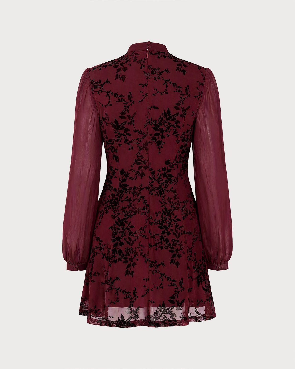 Vestido mini floral de cuello alto color rojo vino