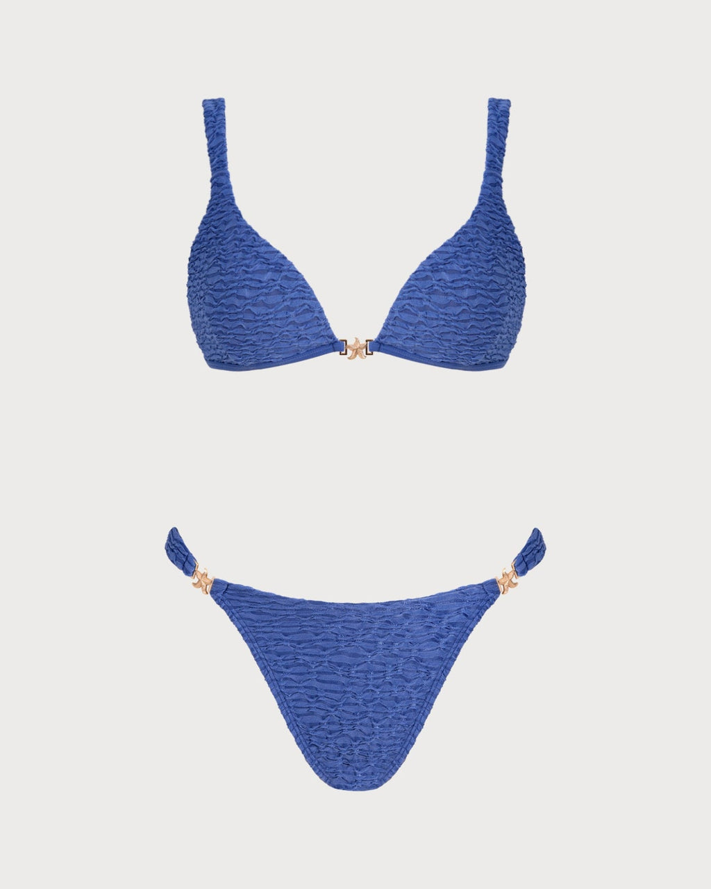 Conjunto de bikini azul texturizado con escote en V y diseño triangular para mujer