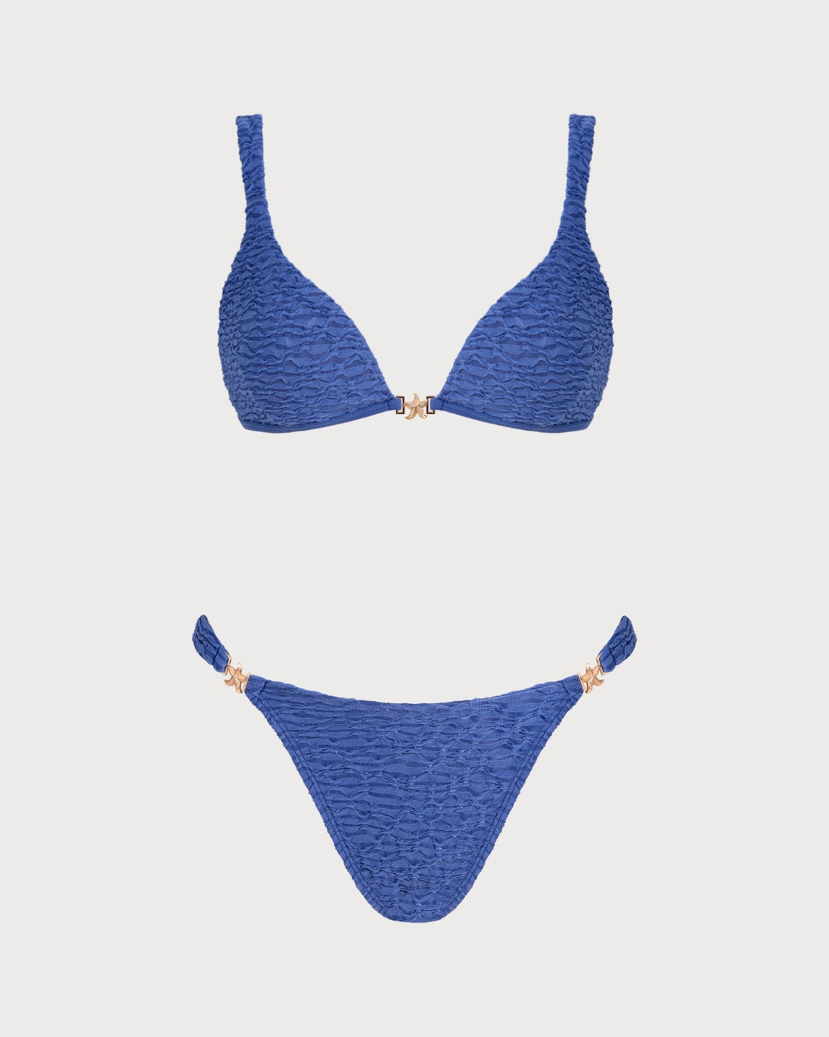 Conjunto de bikini azul texturizado con escote en V y diseño triangular para mujer