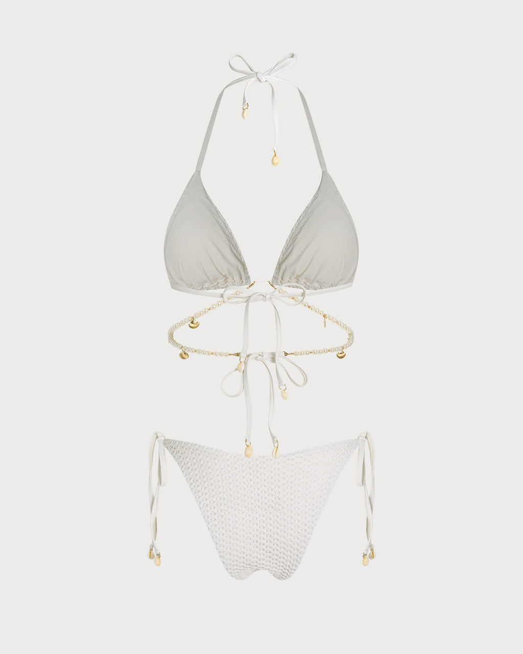 Conjunto de bikini triangular blanco con lazos en la espalda