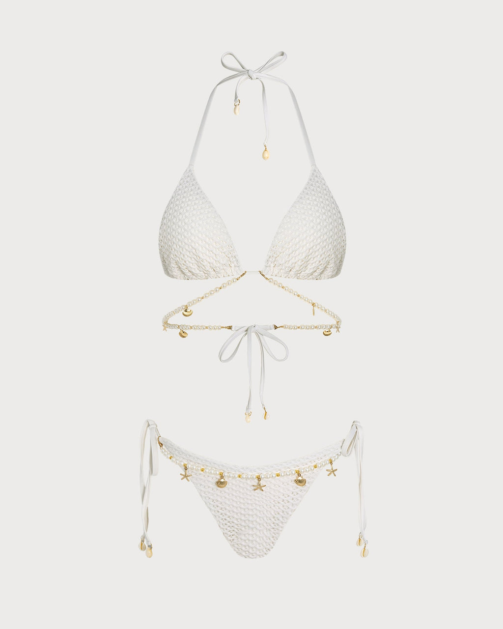 Conjunto de bikini triangular blanco con lazos en la espalda