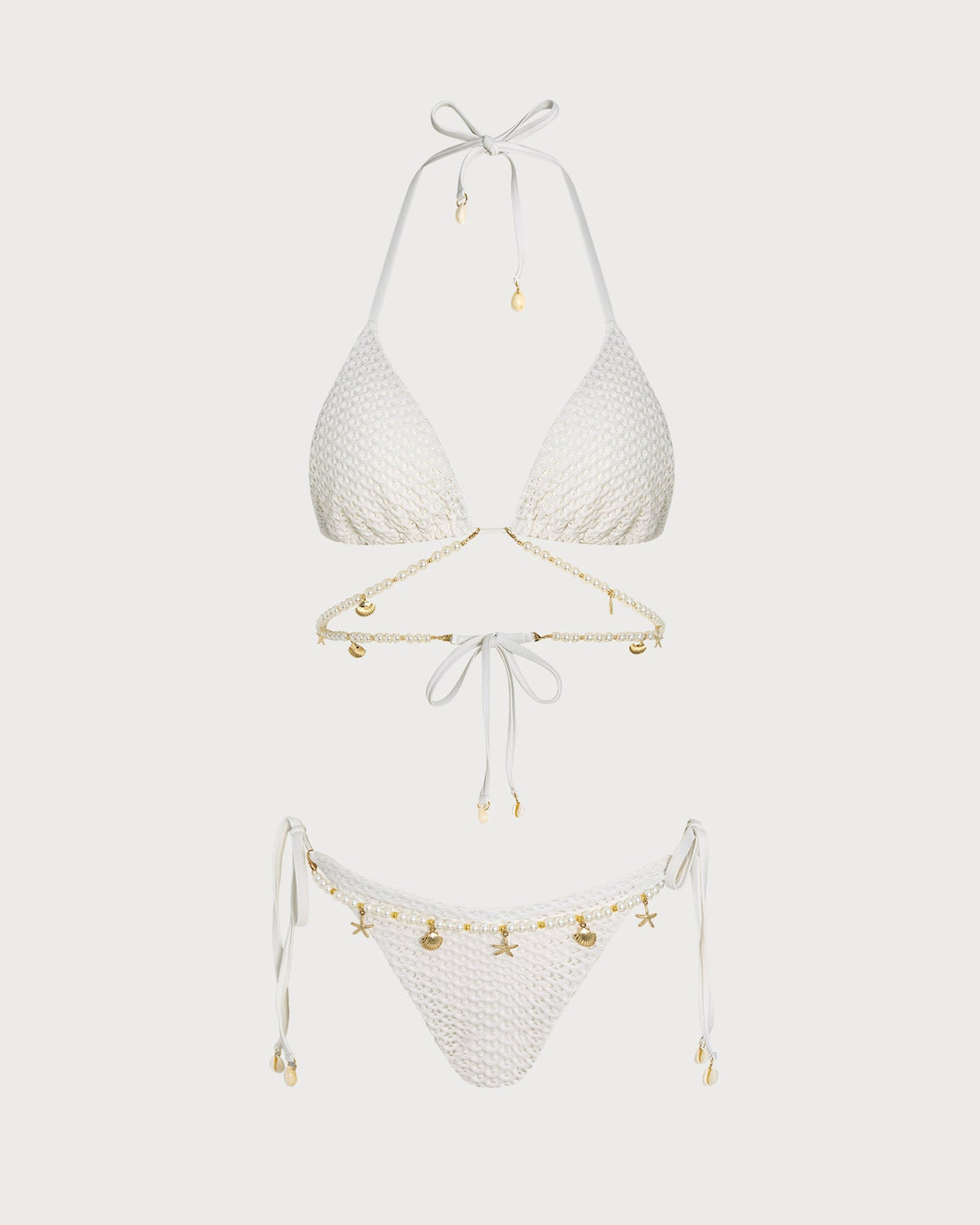 Conjunto de bikini triangular blanco con lazos en la espalda