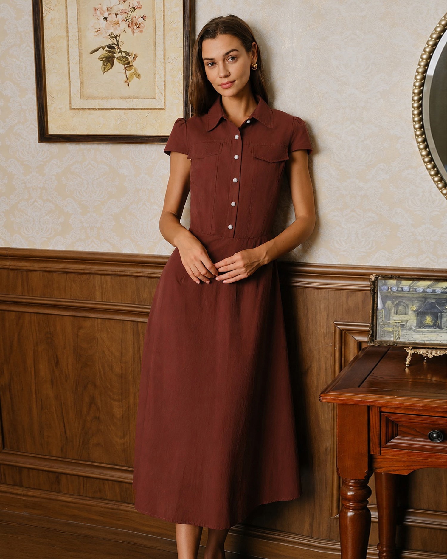 Vestido rojo con cuello y botones - JINCHENG