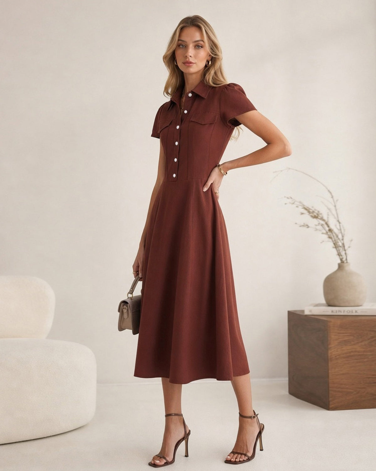 Vestido rojo con cuello y botones - JINCHENG