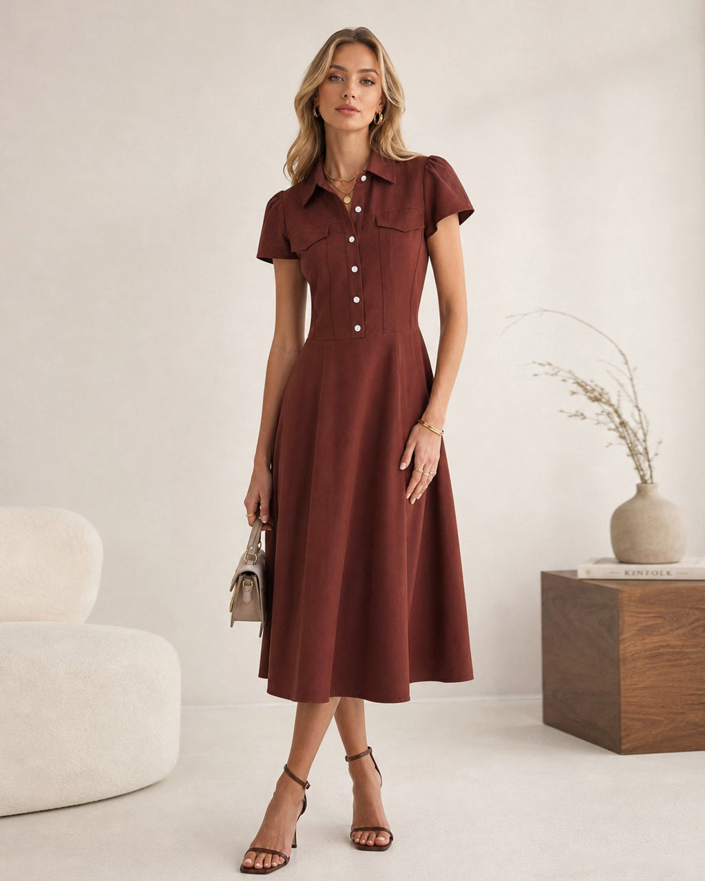 Vestido rojo con cuello y botones - JINCHENG