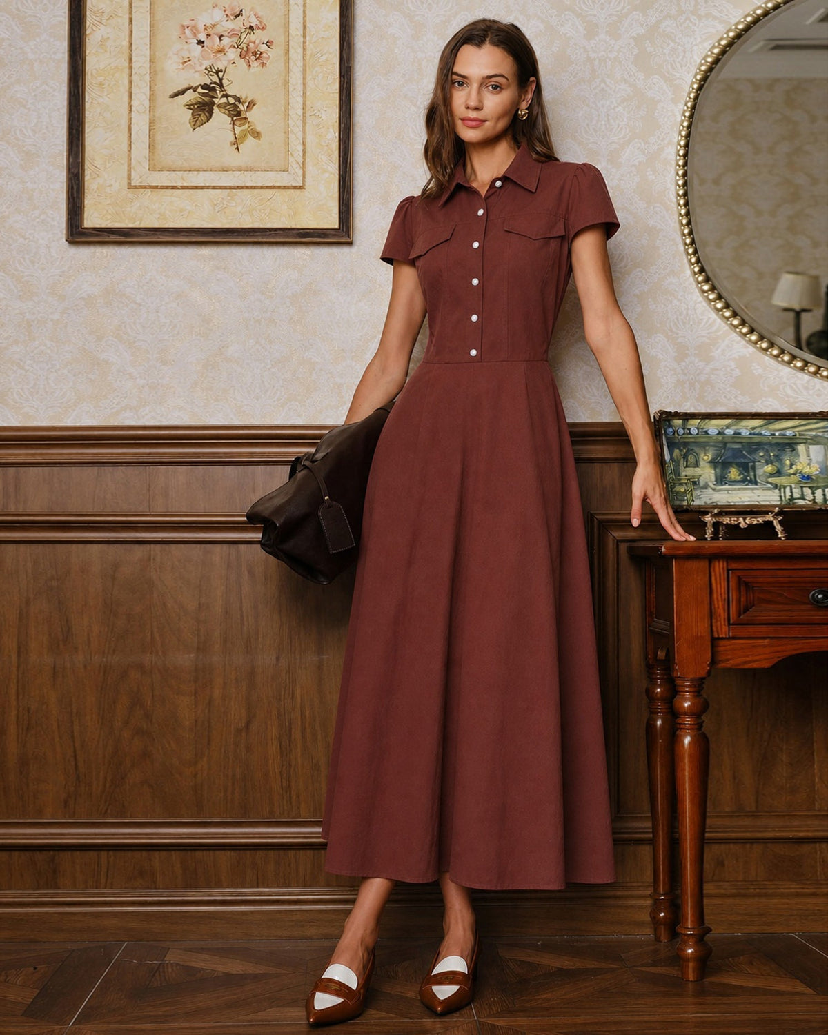 Vestido rojo con cuello y botones - JINCHENG