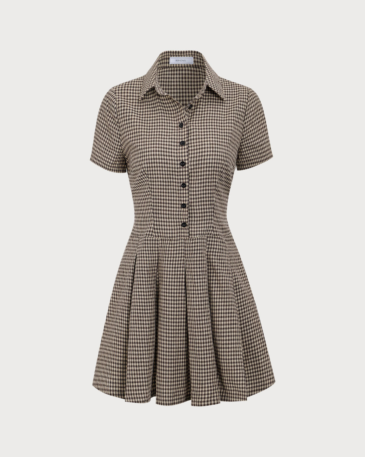 Vestido mini elegante de cuadros marrones con solapa y plisado