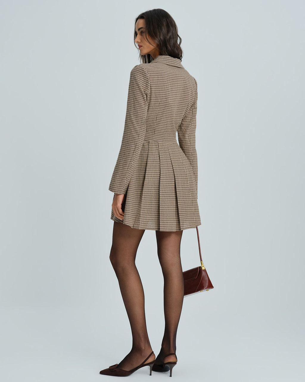 Vestido mini de algodón de cuadros vichy marrón con cuello