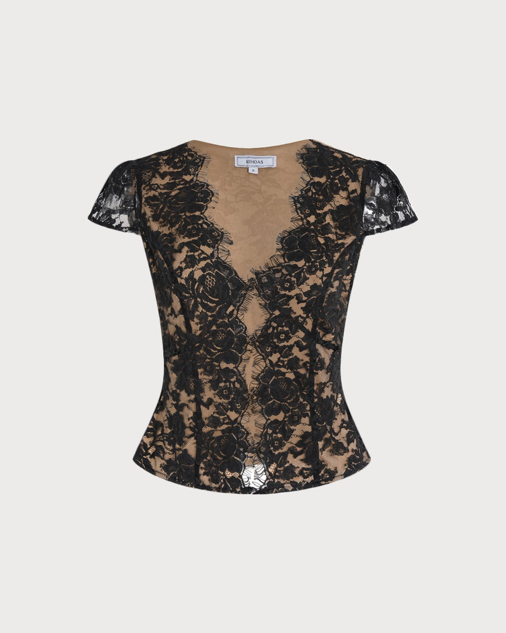 Blusa elegante negra de encaje con cuello en V