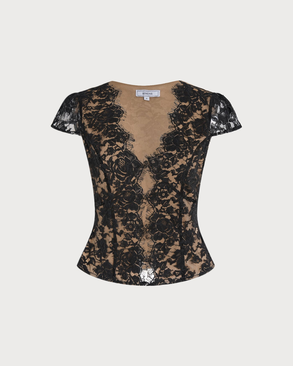 Blusa elegante negra de encaje con cuello en V