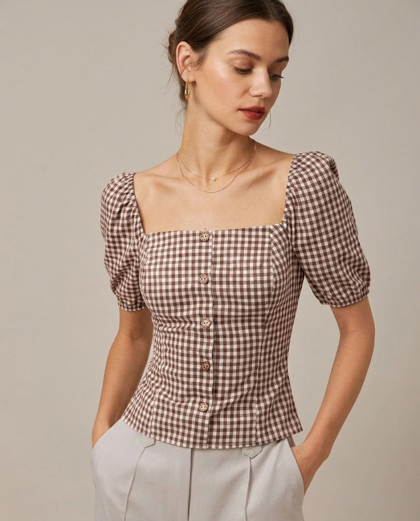 Blusa marrón de cuadros con mangas abullonadas