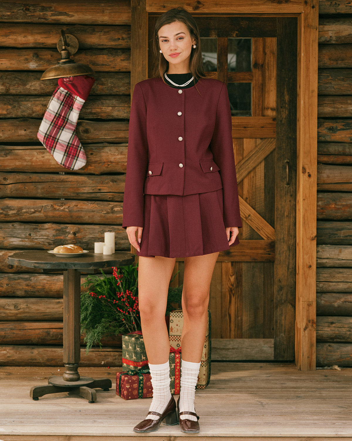 Chaqueta de un solo pecho color rojo vino
