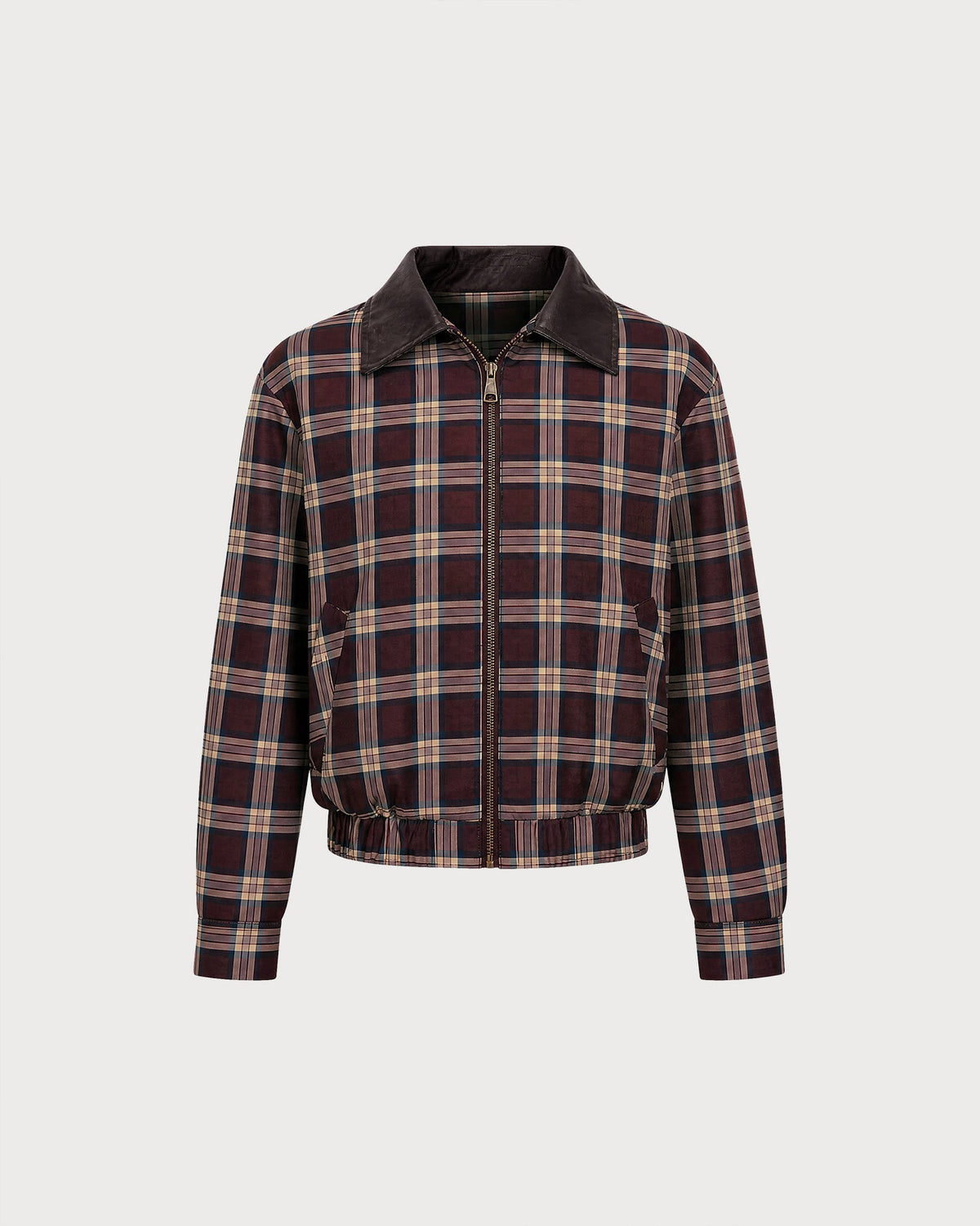 Chaqueta roja de cuadros con cremallera y mangas largas