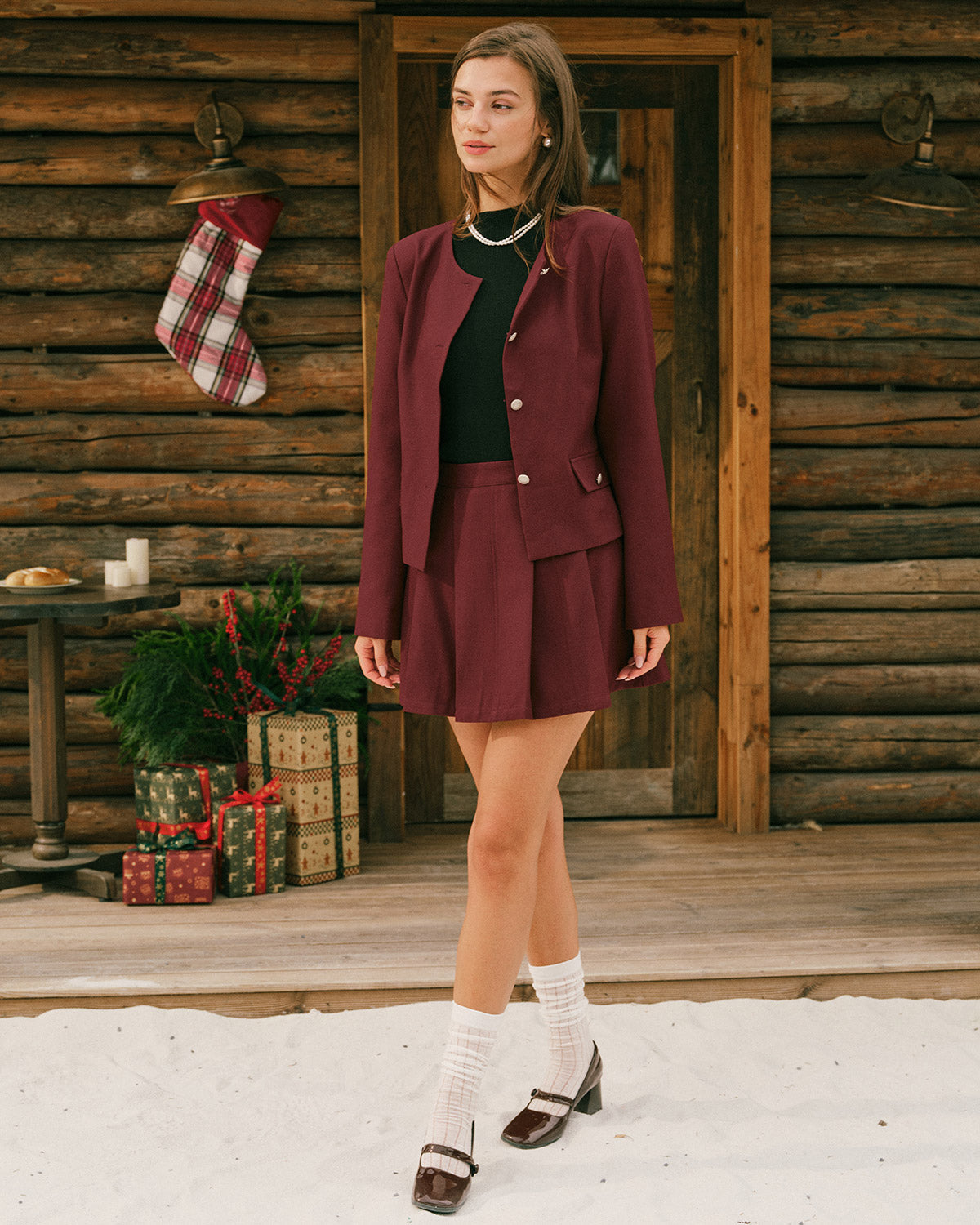 Chaqueta de un solo pecho color rojo vino