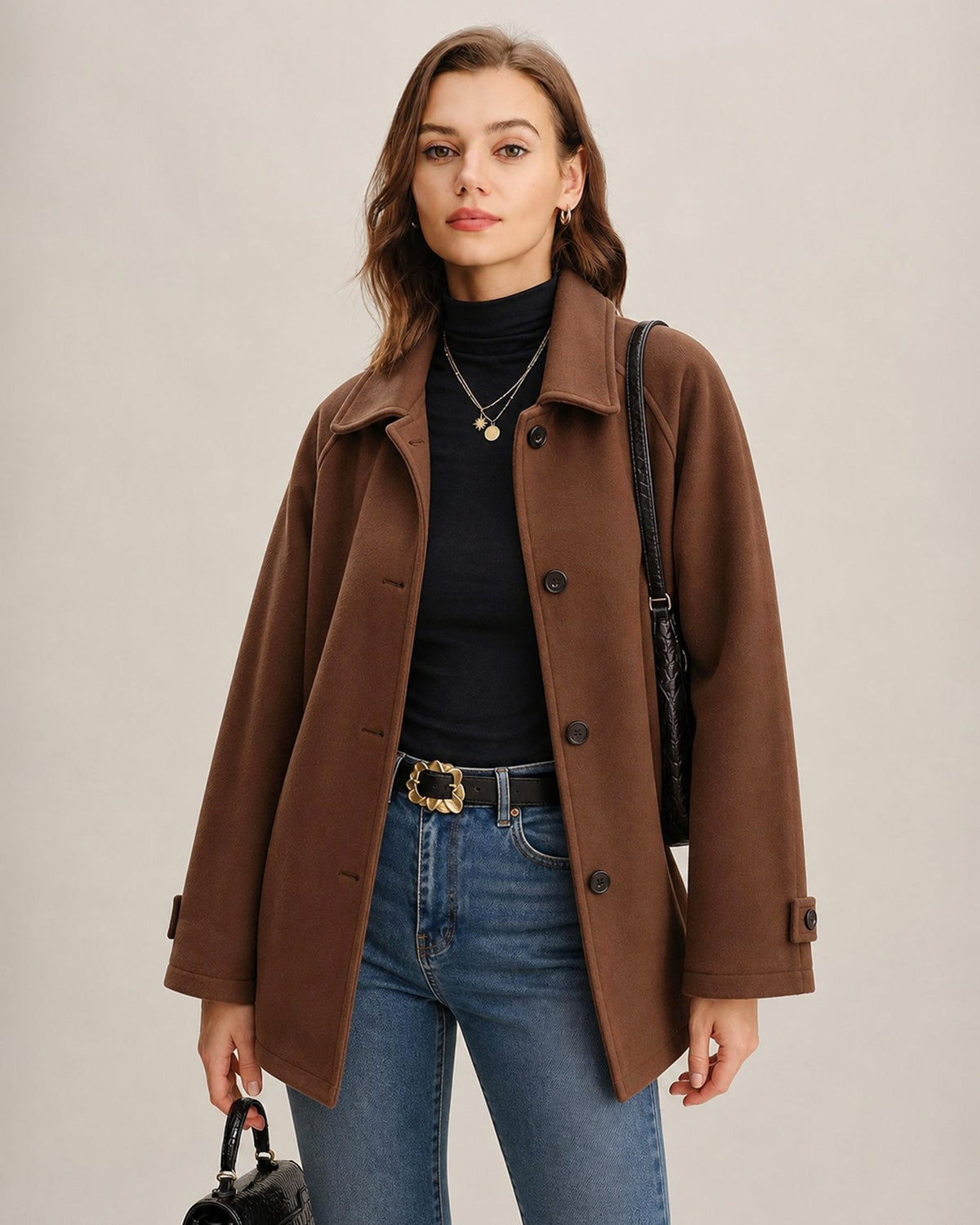 Chaqueta clásica marrón lisa de botonadura sencilla