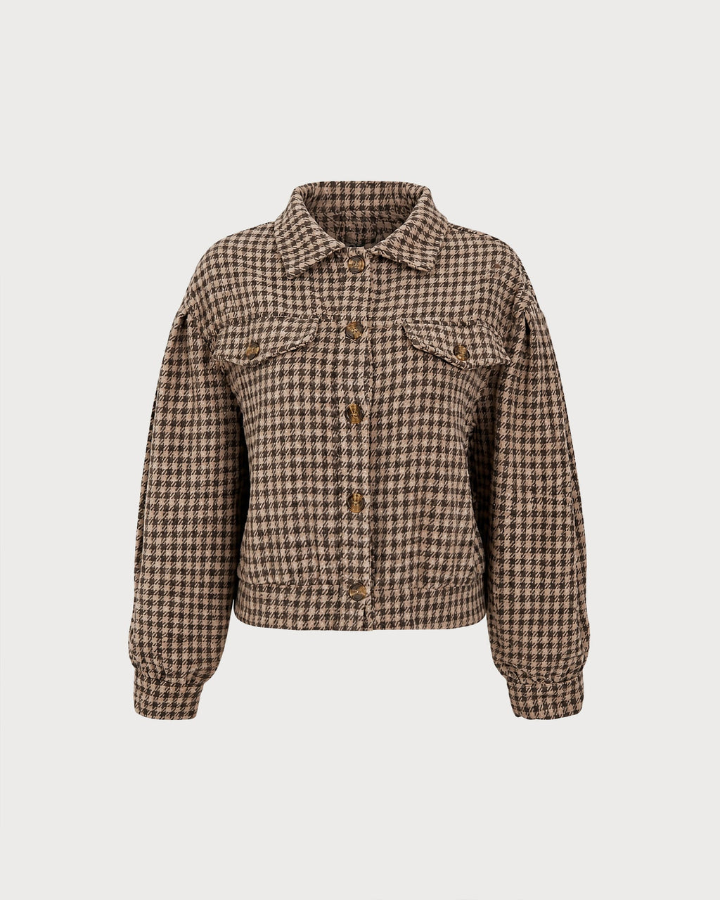Chaqueta marrón elegante con estampado geométrico y botones