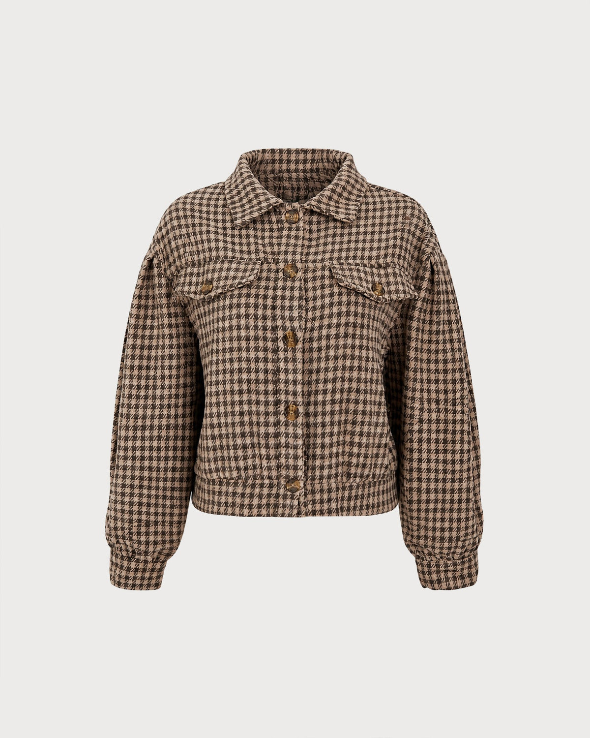Chaqueta marrón elegante con estampado geométrico y botones