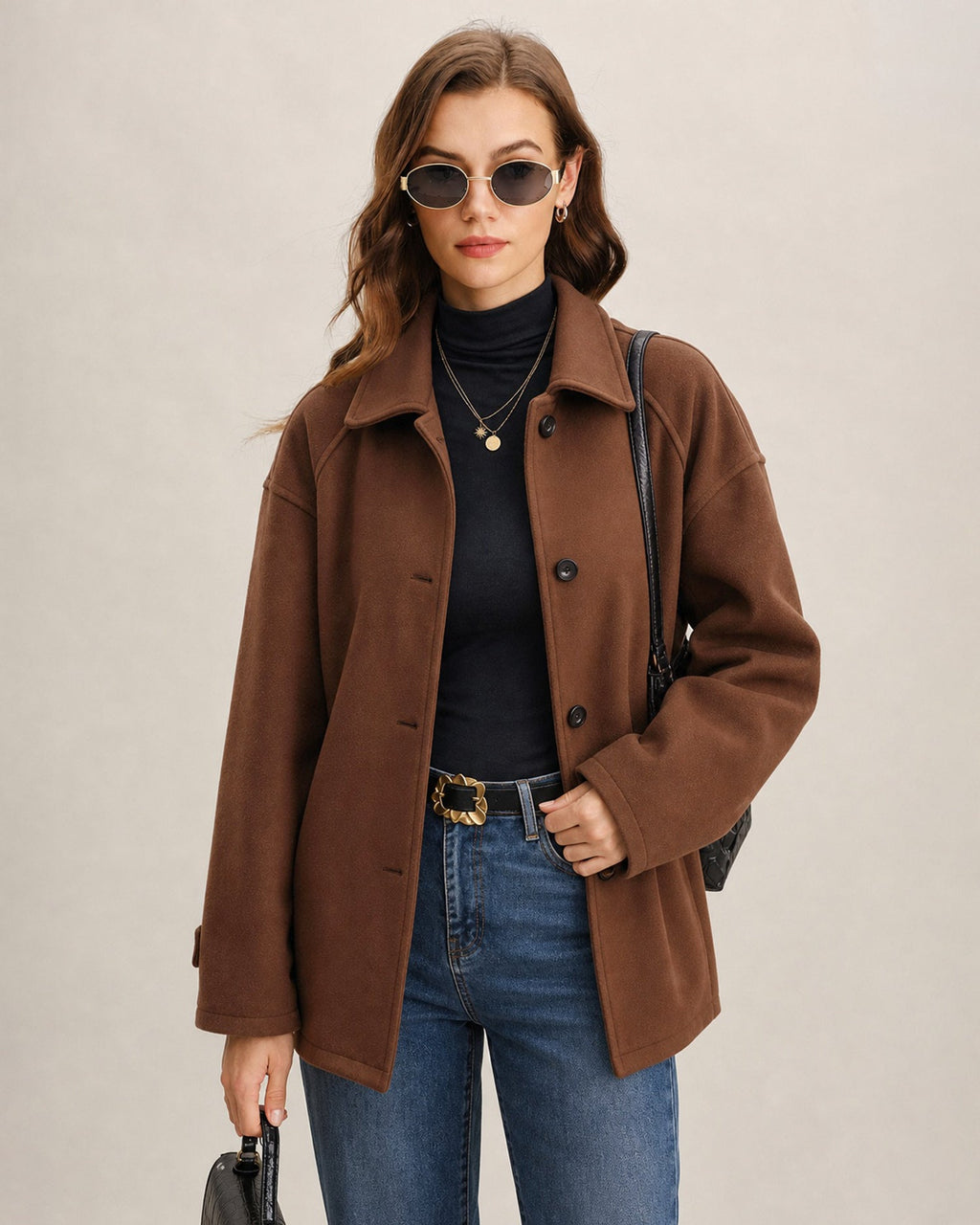 Chaqueta clásica marrón lisa de botonadura sencilla