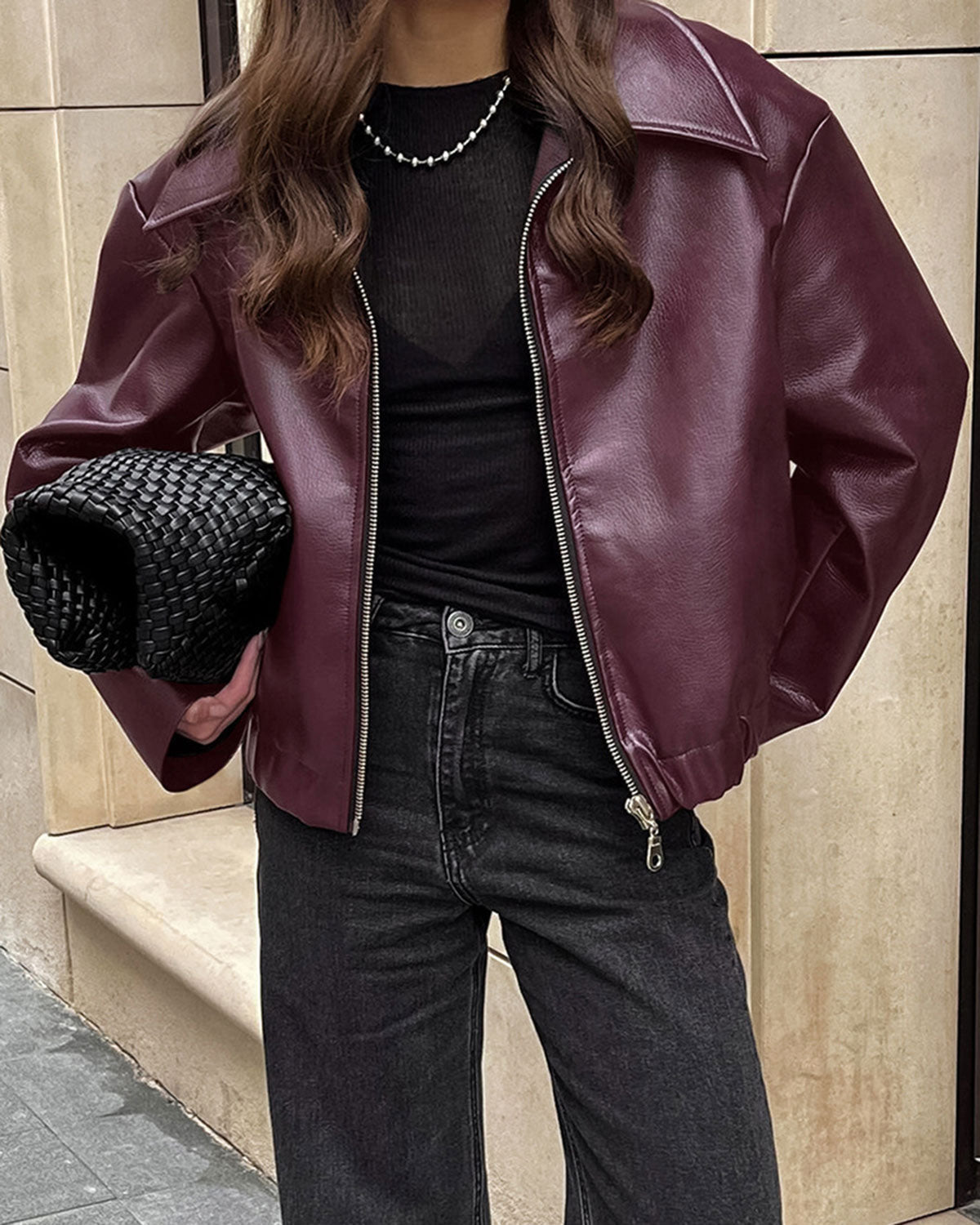 Chaqueta elegante de cuero sintético PU color granate