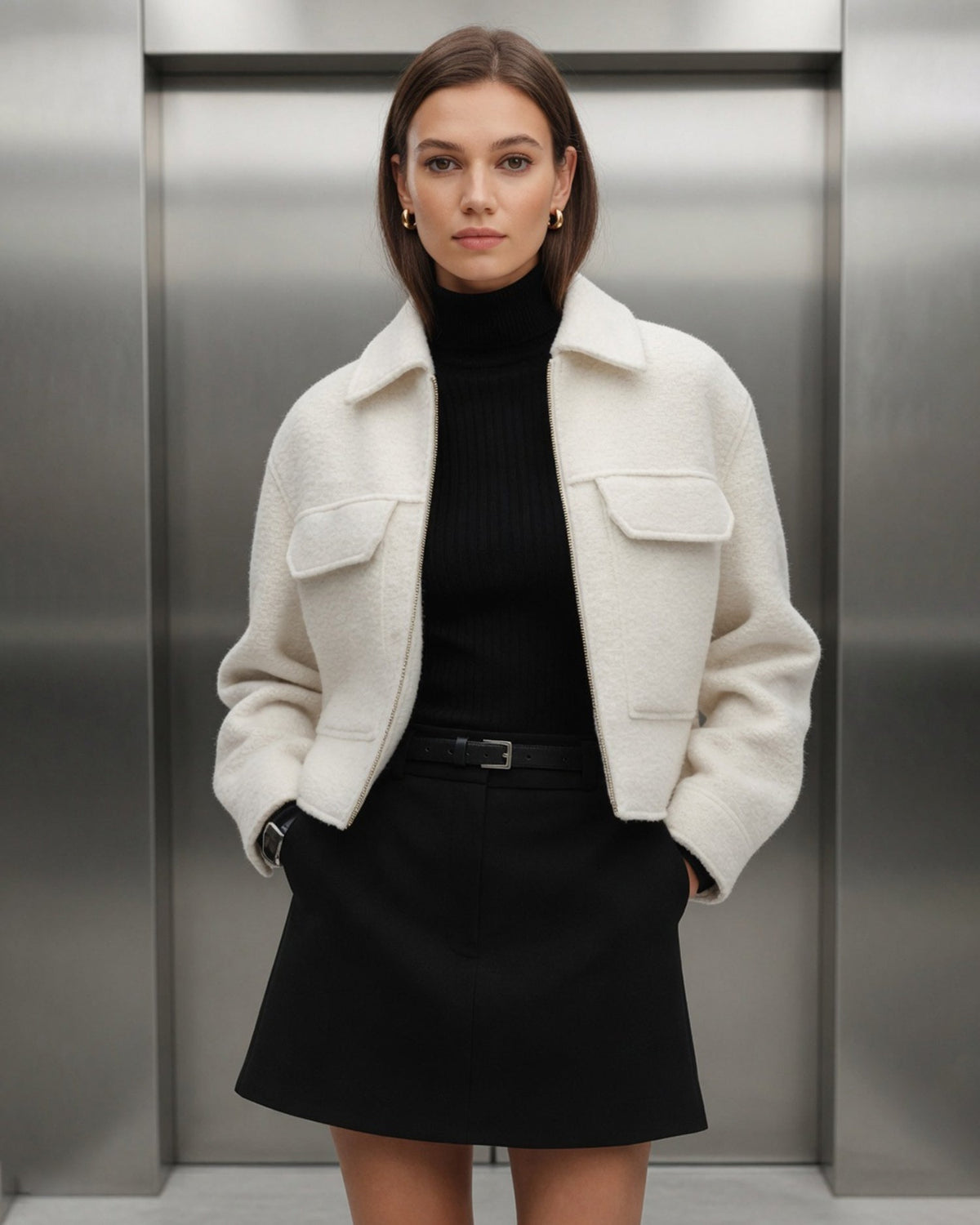 Chaqueta lisa en blanco roto con elegantes bolsillos de cremallera