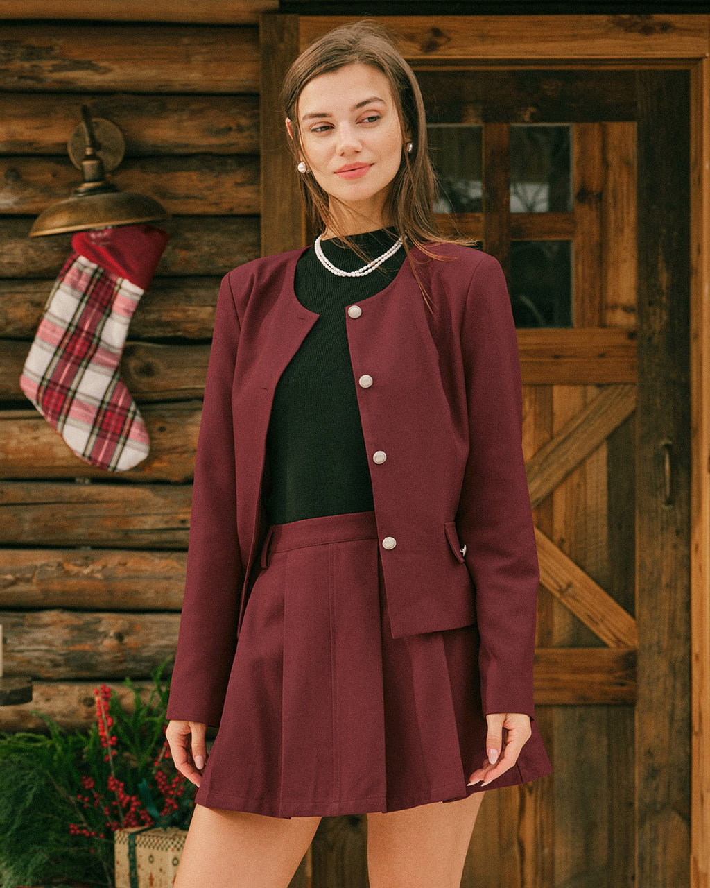 Chaqueta de un solo pecho color rojo vino