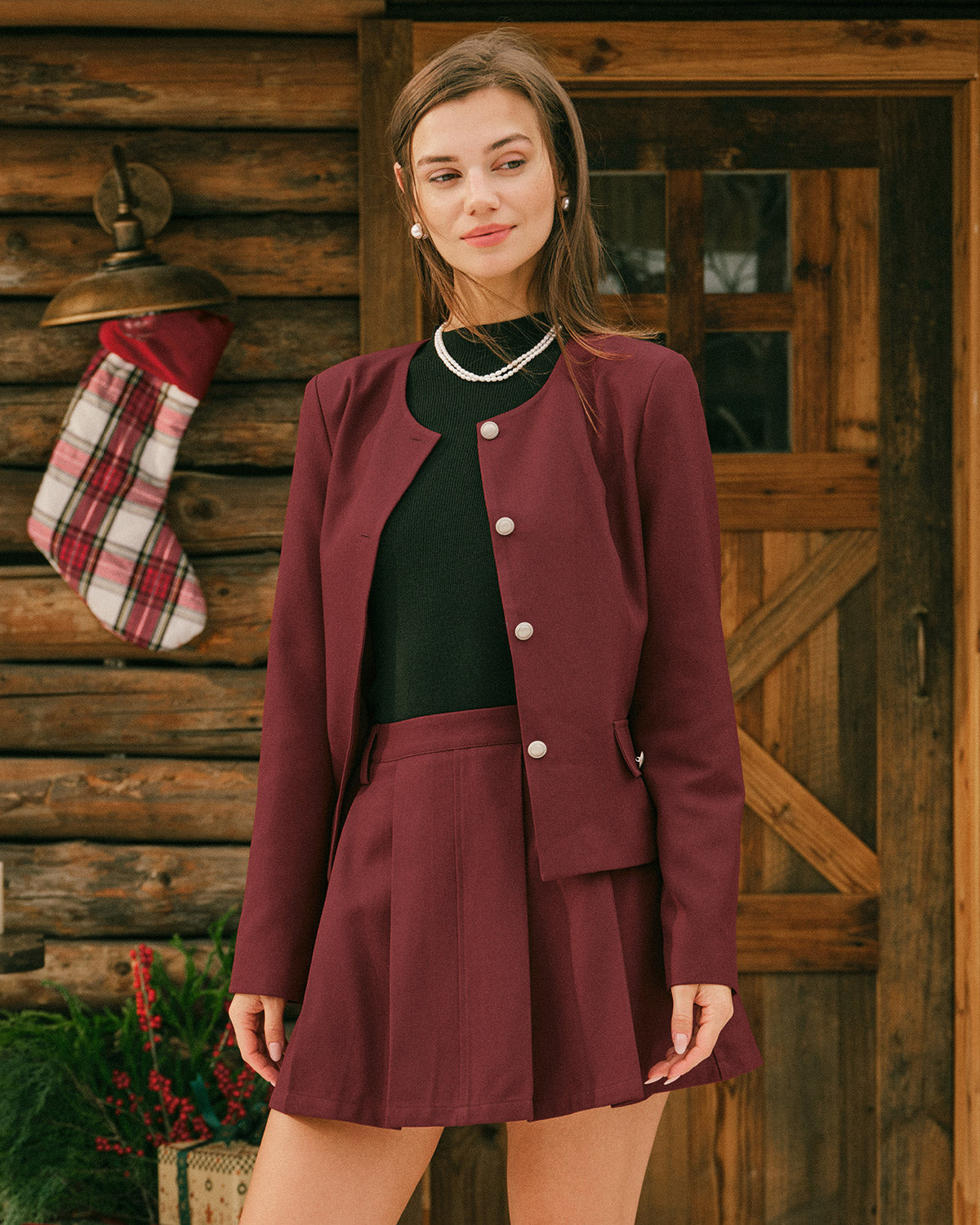 Chaqueta de un solo pecho color rojo vino